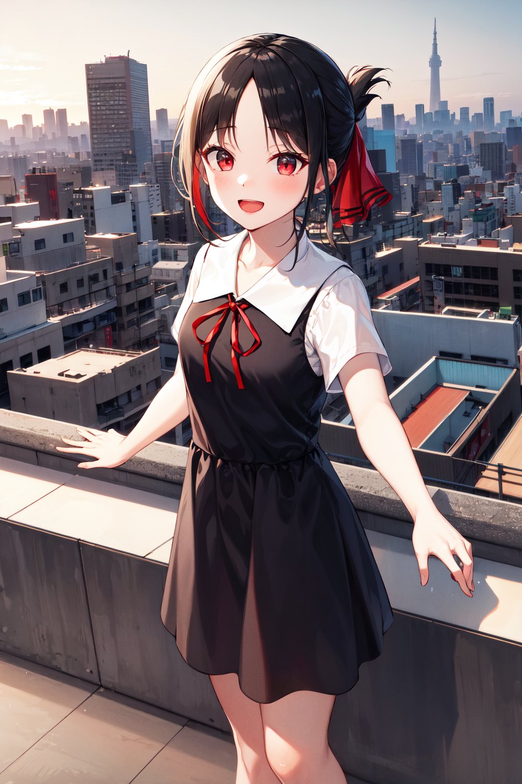 masterpiece, best quality, highres, bbkaguya, short hair, folded ponytail, hair ribbon, parted bangs, neck ribbon, red ribbon, pinafore dress, white shirt, short sleeves, <lora:shinomiya_kaguya_v1:0.7>, (rooftop:1.1), standing, city, outstretched arms, smile, open mouth, tokyo