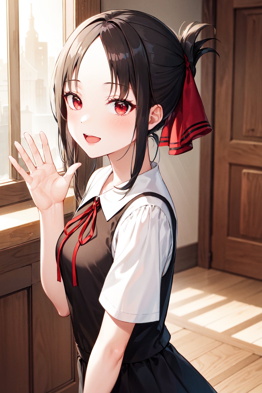 masterpiece, best quality, highres, bbkaguya, short hair, folded ponytail, hair ribbon, parted bangs, neck ribbon, red ribbon, pinafore dress, white shirt, short sleeves, <lora:shinomiya_kaguya_v1:0.7>, indoors, doors, waving, smile, open mouth,