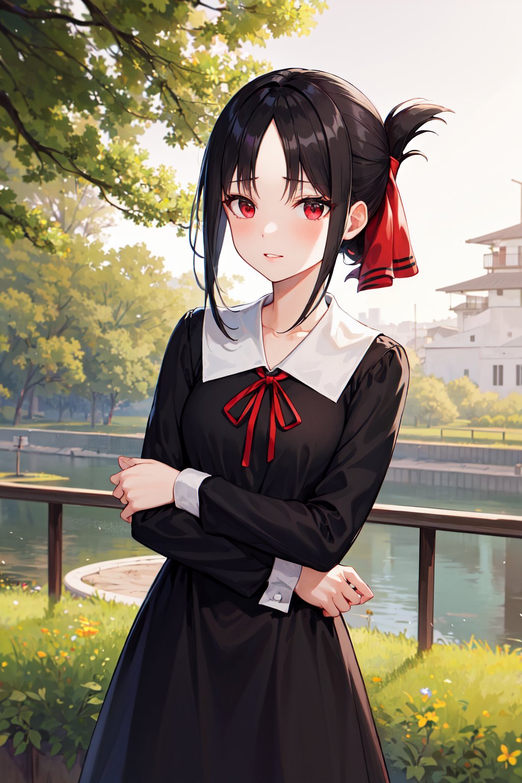 masterpiece, best quality, highres, aakaguya, short hair, folded ponytail, hair ribbon, parted bangs, neck ribbon, red ribbon, black dress, black shirt, long sleeves, black sleeves, <lora:shinomiya_kaguya_v1:0.7>, standing, cowboy shot, outdoors, looking at viewer,