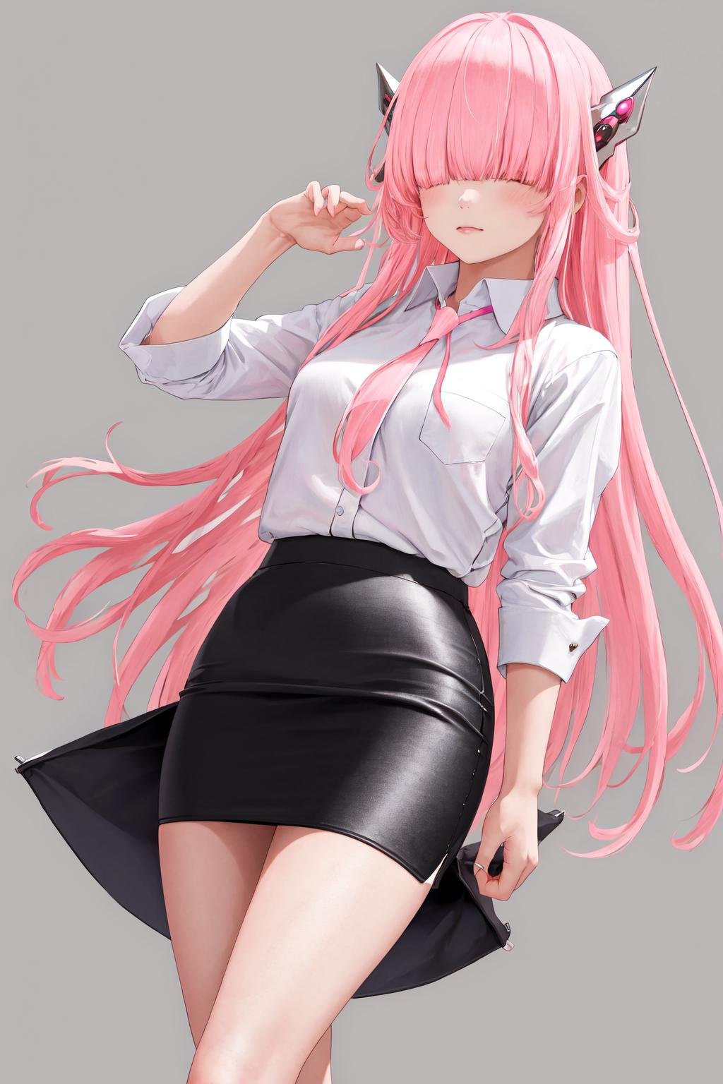 masterpiece, best quality, highres, 1girl pink hair horns <lora:charion_isekai_ojisan_no_outfit:1> white shirt, pencil skirt