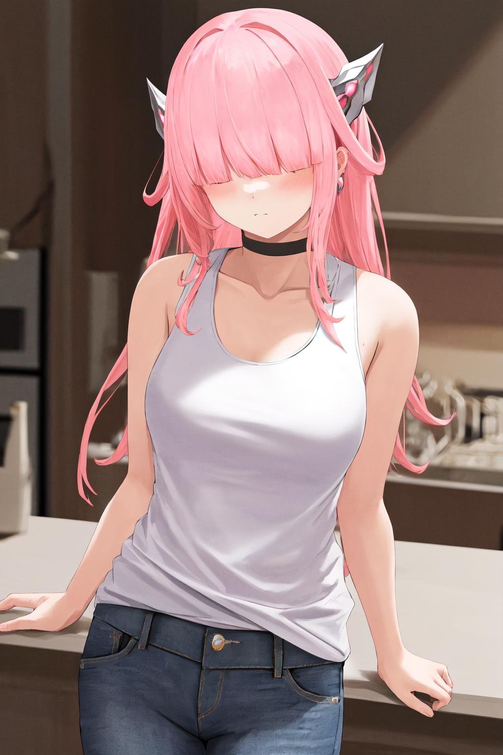 masterpiece, best quality, highres, 1girl pink hair horns <lora:charion_isekai_ojisan_no_outfit:1> white tank top, white shirt, denim