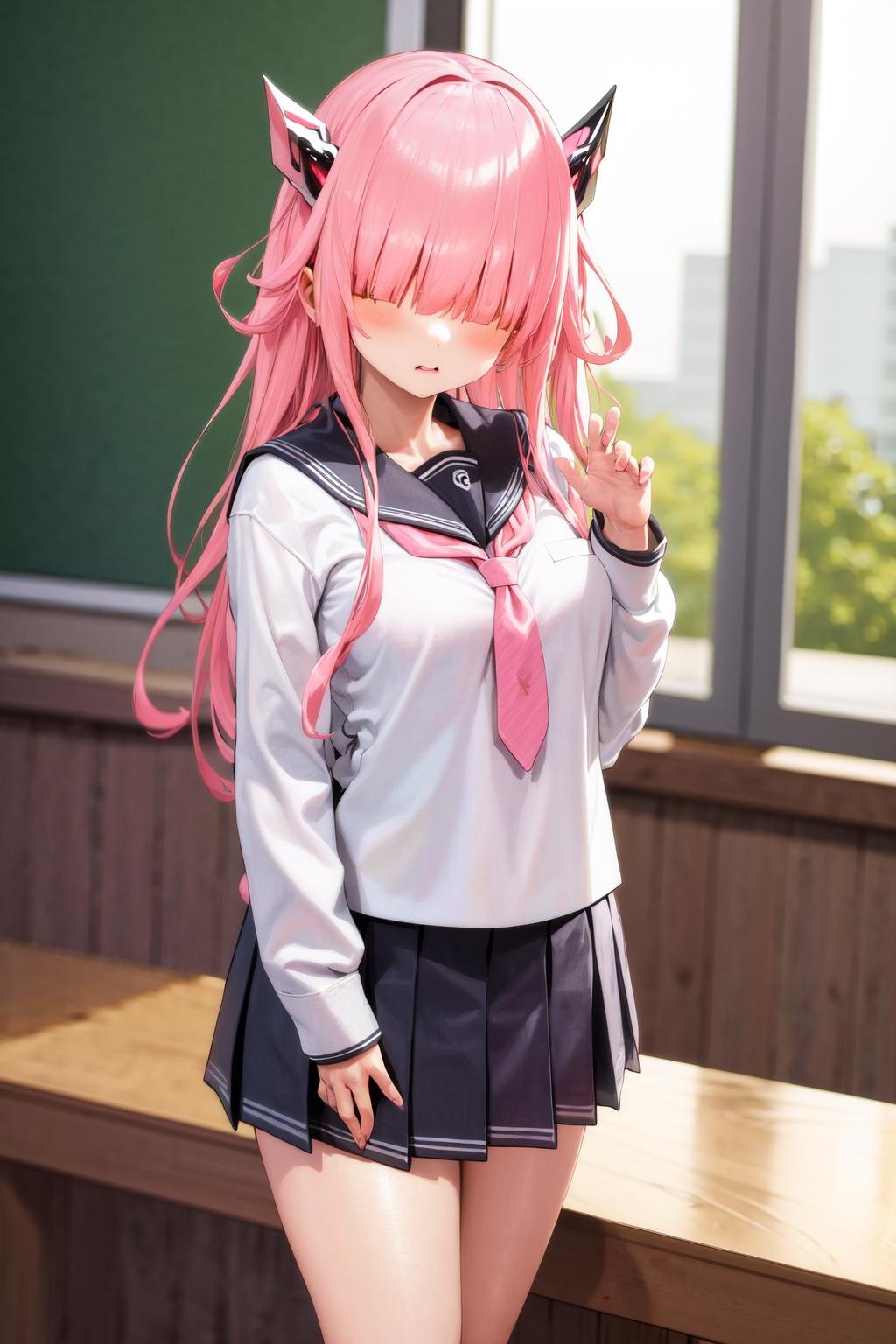 masterpiece, best quality, highres, 1girl pink hair horns <lora:charion_isekai_ojisan_no_outfit:1> serafuku, school uniform, pleated skirt, white shirt