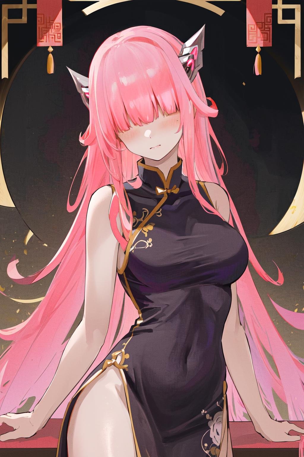 masterpiece, best quality, highres, 1girl pink hair horns <lora:charion_isekai_ojisan_no_outfit:1> china dress