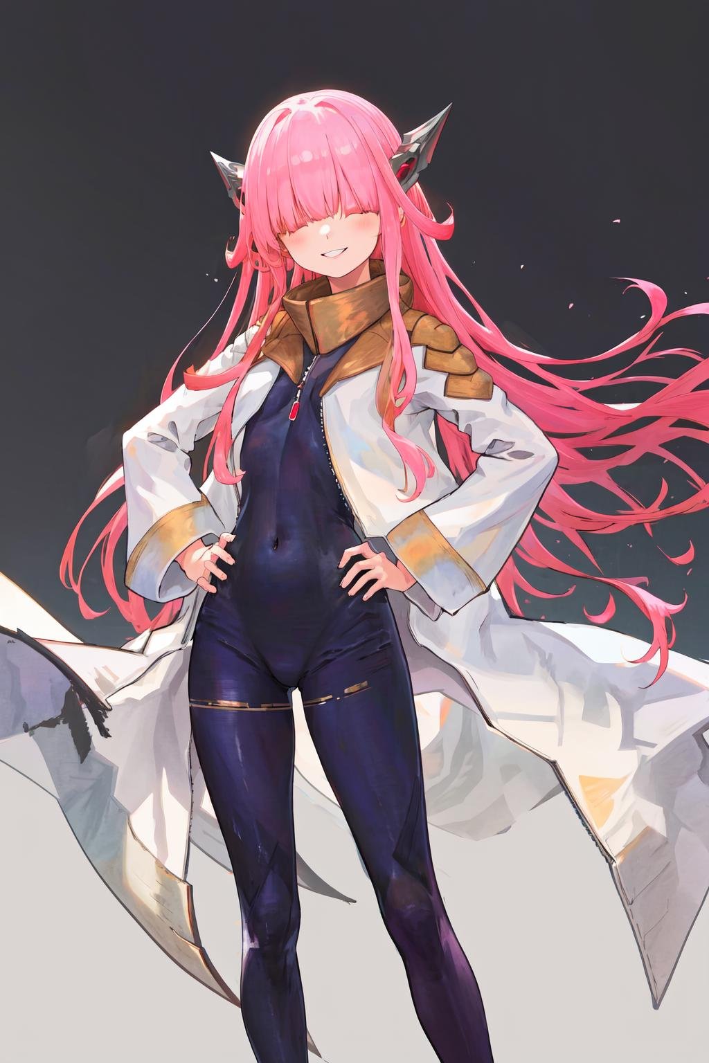 masterpiece, best quality, highres, 1girl pink hair horns, open coat bodysuit <lora:charion_isekai_ojisan:1> simple background, hand on hip, smile