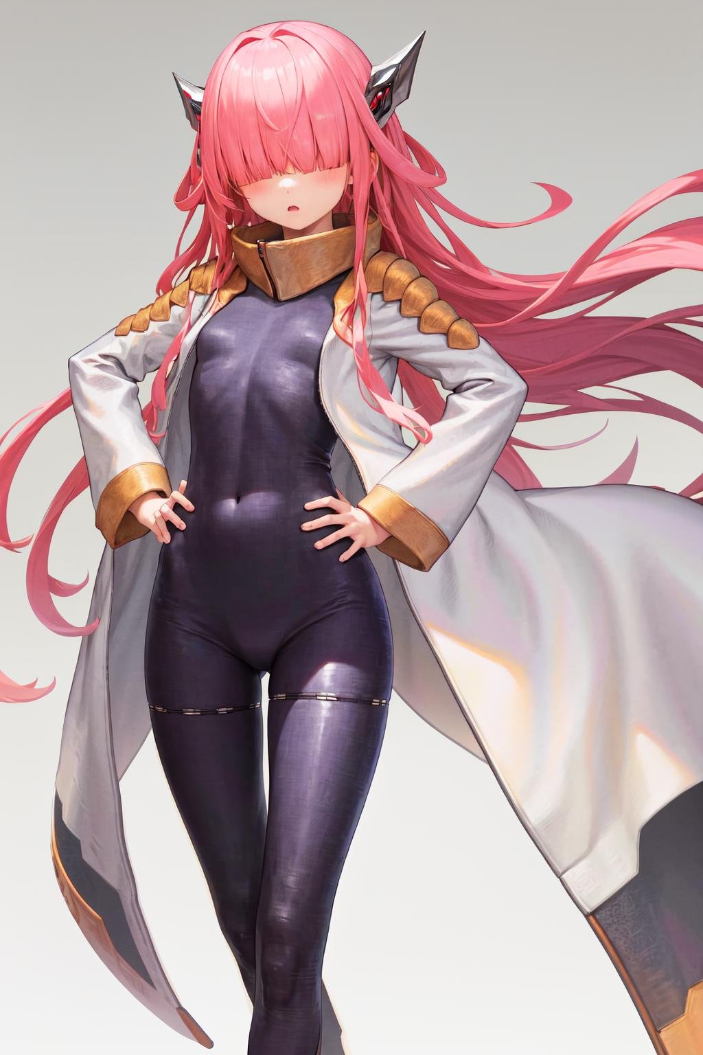 masterpiece, best quality, highres, 1girl pink hair horns, open coat bodysuit <lora:charion_isekai_ojisan:1> hand on hip