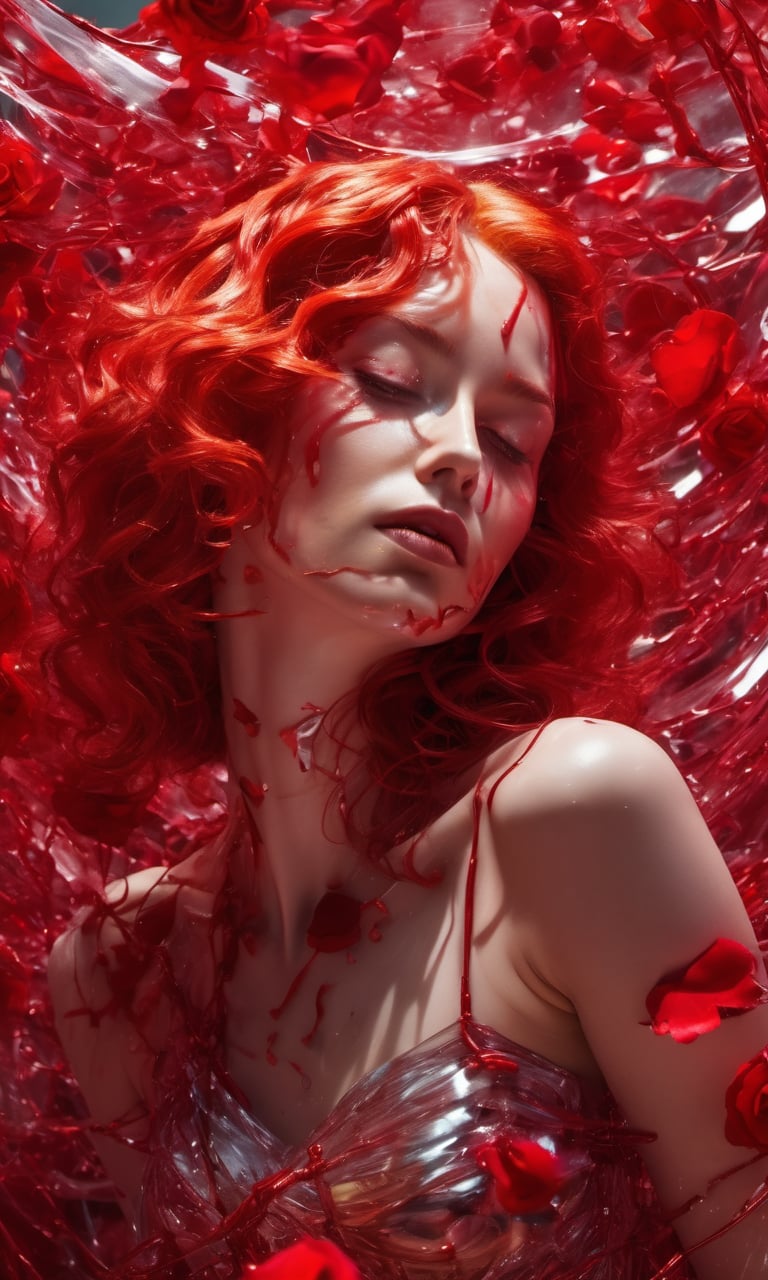 ultra wide angle,red colors,surrounded by bloody drops,((rose)), (vine), cage, bandage, red rope, (detail light), falling rose petals,exaggerated perspective,cume bloody drops,(a mother of burning ice:1.3) weared in (translucent:1.2) crystal sculpture glitch,(by Paul Kenton:1.2),(by Agnes Cecile:1.1),a megacity in Atompunk style as background,8k,octane render masterpiece,masterpiece scale,beautiful depth of field,ultra wide field,ultra detailed CG perspective,ultra dynamic lighting amazing shadows,dramatic lighting,