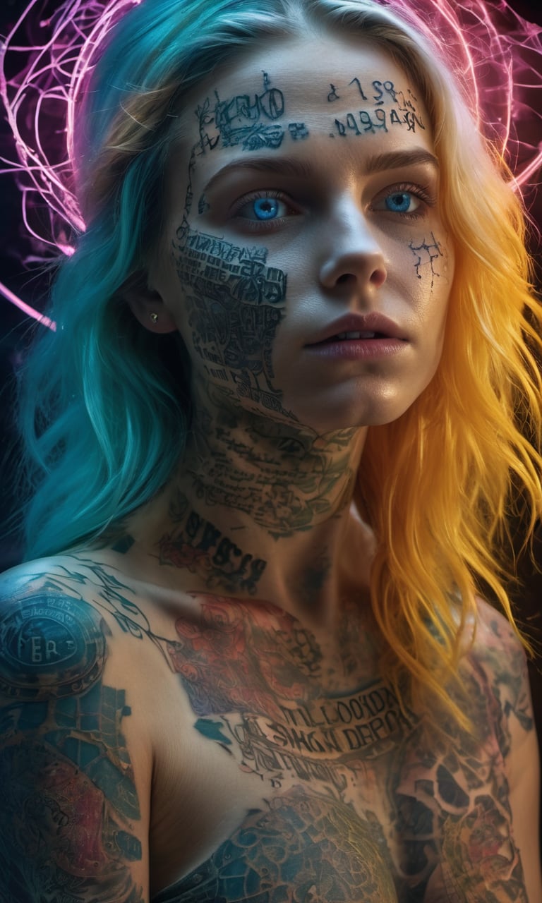 1girl,(Hyperreal), (full body shot) raw, emotional, dynamic, distortion for emotional effect, vibrant, use of unusual colors, cute cinematography, (realistic, photo realistic), icelandic biopunk ghost pulsing with necrotic energy in a portal, body covered in words, words on body, tattoos of (words) on body, detailed skin, detailed eyes, detailed face,portrait,