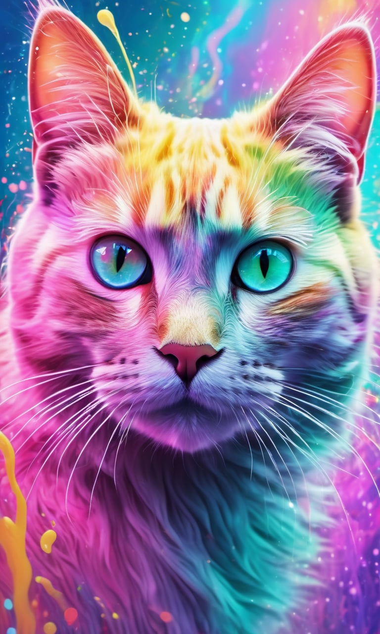 soft pastel colors, cartoon style illustration of a cat as she sees the world while experiencing hallucinations, stoned, splash art, splashed pastel colors, (soft iridiscent glowy smoke) motion effects, best quality, wallpaper art, UHD, centered image, ((flat colors)), (cel-shading style) very vibrant neon colors, ((low saturation)) ink lines, (holographic:1.4) pigments splash