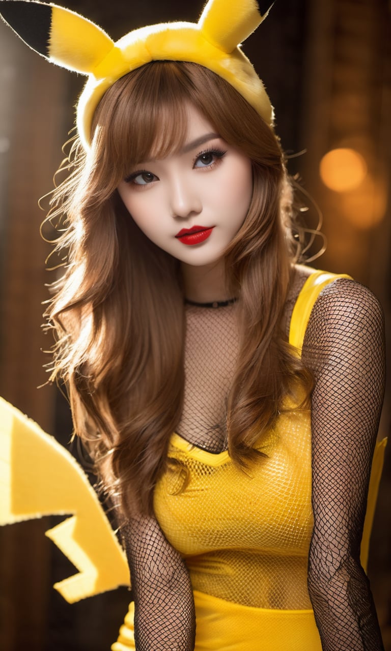 attractive and beautiful girl wearing a mesh costume of pikachu and fishnet stockings, by David Ham, 