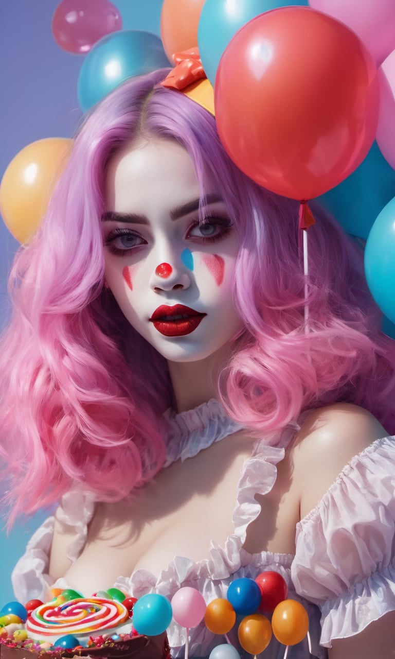 1girl, A half portrait of a sexy clown girl, e-girl, highly detailed, multicolored, very long hair, best quality, beautiful face, flirtatious pose, smirk, pinup, perfect face, scary, creepy, nightmare, enticing, holding enormous oversized lollipop, colorful lollipop, torn fishnet stockings, goth, birthday cake, balloons, lollipop, candies, (bubblegum Vaporwave aesthetic), high contrast, (natural skin texture, hyperrealism, soft light, sharp)