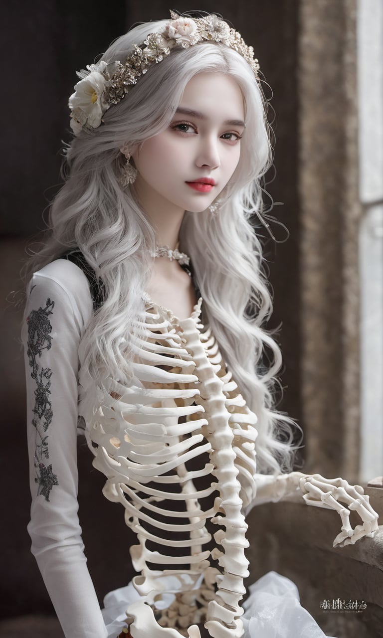 Masterpiece,high quality,(solo:1.2),((1girl)),(((human skeleton | girl))),,(white hair:0.3),