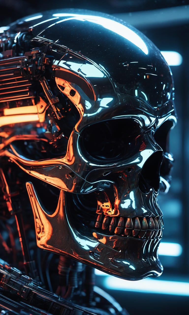 skull-like face of terminator in the space station, neon lights reflections, reflection mapping, intricate details, dramatic lighting, hyperrealism, cinematic, 8k, sharp focus, epic composition, unforgettable illustration