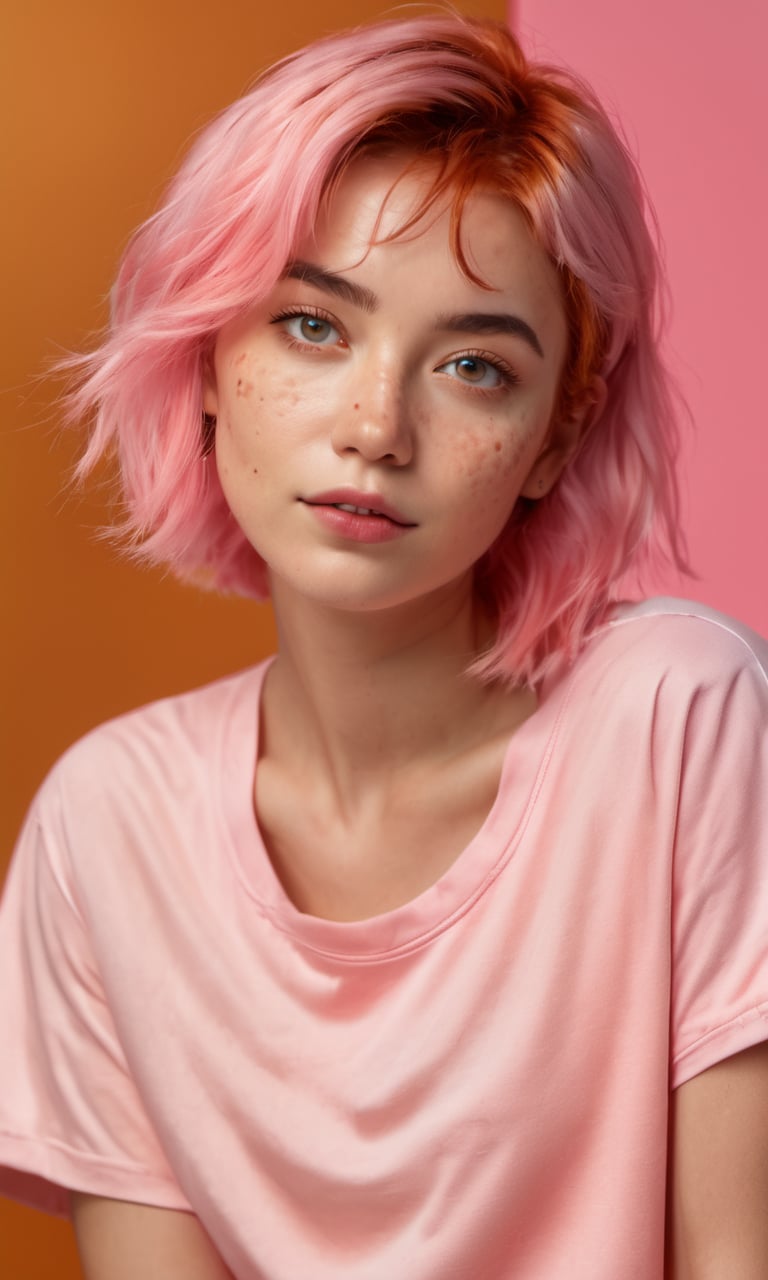 (masterpiece,best quality, ultra realistic,32k,RAW photo,detail skin, 8k uhd, dslr,high quality, film grain:1.1), short hair , pink hair hair:1.1,portrait,lady, brown eyes, DayGlo yellow Pajama pants and oversized t-shirt, freckles, (Rust gradient background,led light, edge light, simple background)