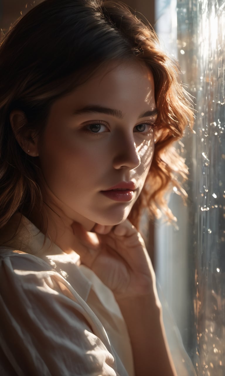 (Realistic),masterpiece,best quality,cinematic lighting,natural shadow,highest detail,professional photography,detailed background,depth of field,insane details,intricate,aesthetic,subsurface scattering,dynamic angle,1 girl reflected from the glass lens in the structure of the optical lens