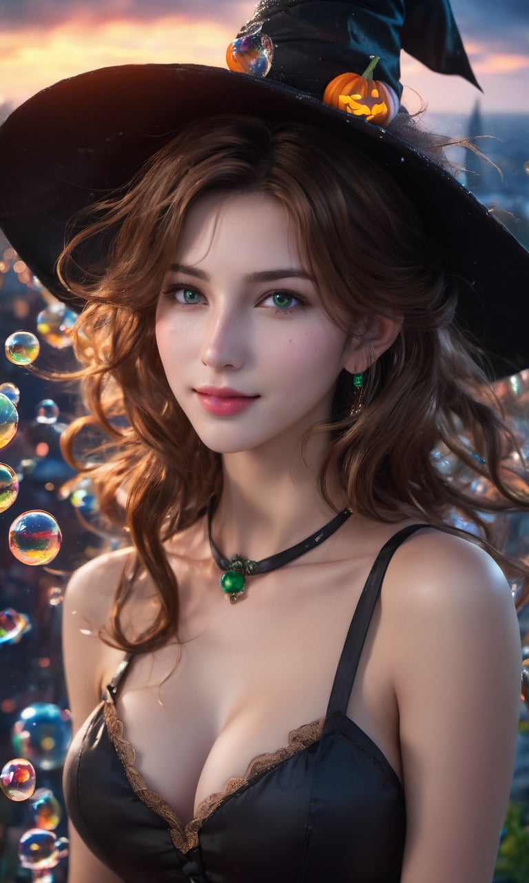 ((masterpiece)), (best quality), (cinematic), Slender, skinny, Big Chest, biggest breasts, witch_dress, close-up, puddles of water, long brown hair, bangs, green eyes, freckles on cheeks, wind, detailed face, detailed body, dark gray sky, glow, clouds, city halloween, floating bubbles (cinematic, colorful), (extremely detailed), clouds, highly detailed face,aerith gainsborough,aerith gainsborough \(cosplay\),choker, wearing a halloween costume, cute_fang, cute_smile, Happy expression, witch_hat, holding a pumpking, big_boobs