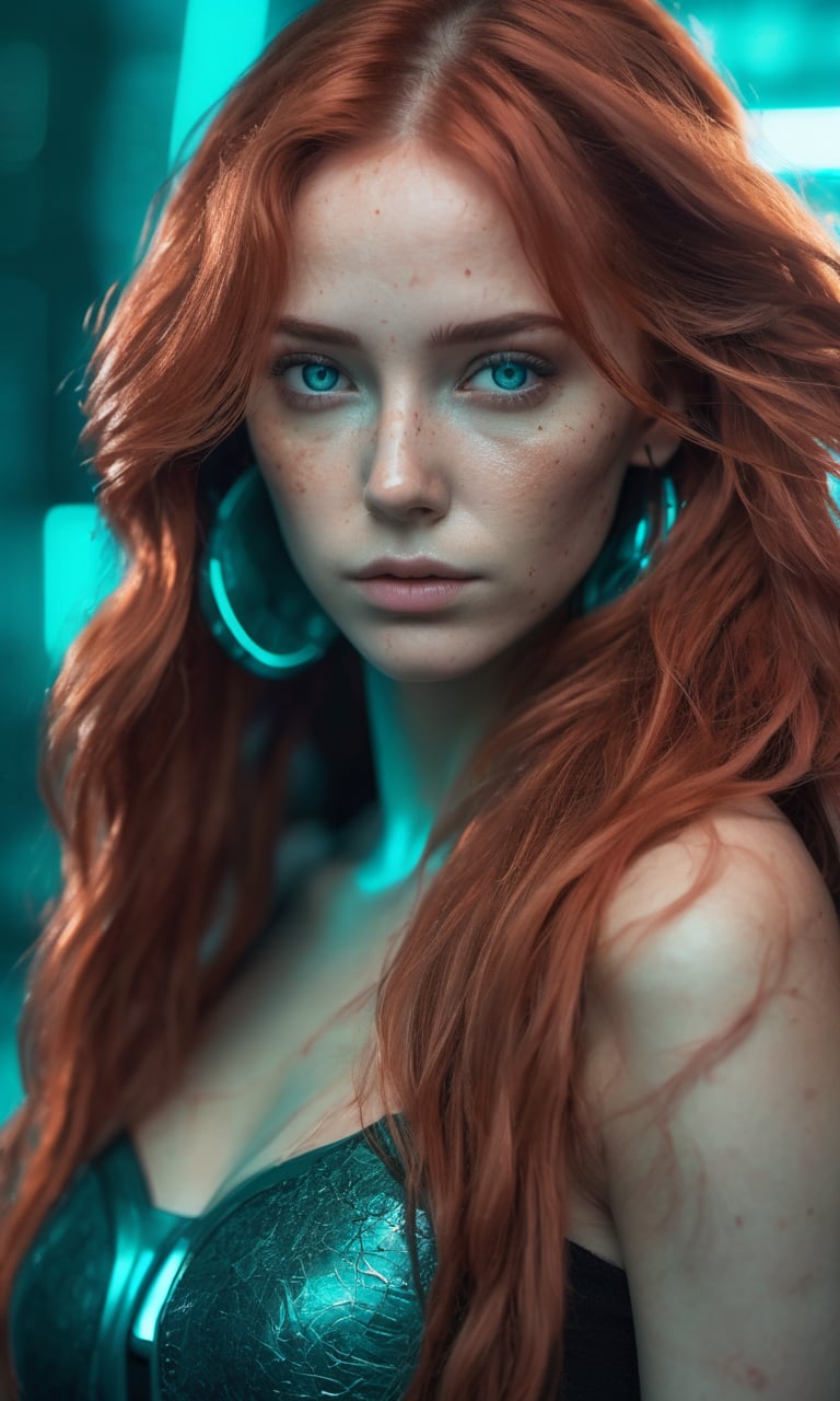 (masterpiece,best quality, ultra realistic,32k,RAW photo,high detailed skin, 8k uhd, dslr,high quality, film grain:1.1), long hair, Copper hair:1.1,portrait,lady, brown eyes, Amaranth cyberpunk, freckles, (Teal gradient background,led light, edge light, simple background)