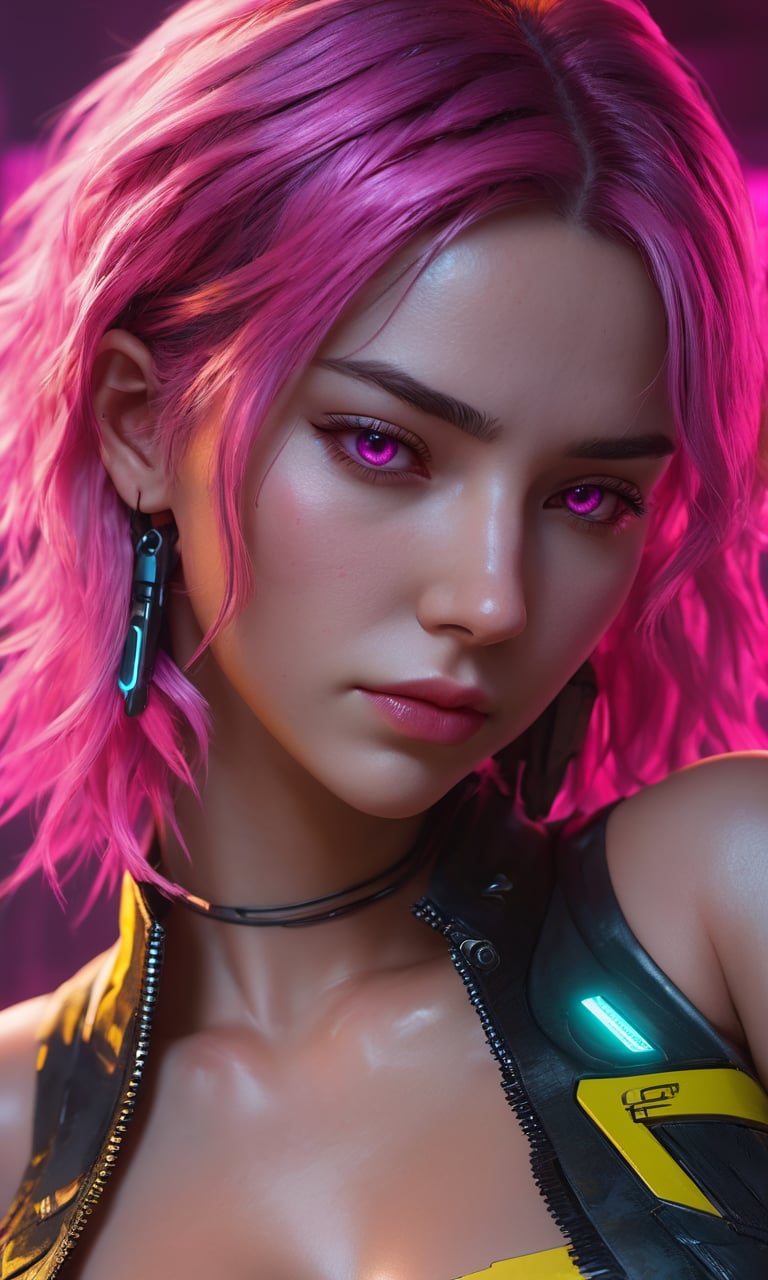 cyberpunk 2077 anime, masterpiece art, best quality ;o,, realistic face and hands on body :D;pink eyes with closed mouth:cinematic lighting from above 。beautiful detailed hair ornament by Gail Sanguinosa 1girl lying prone to a sexually suggestive looking pov.