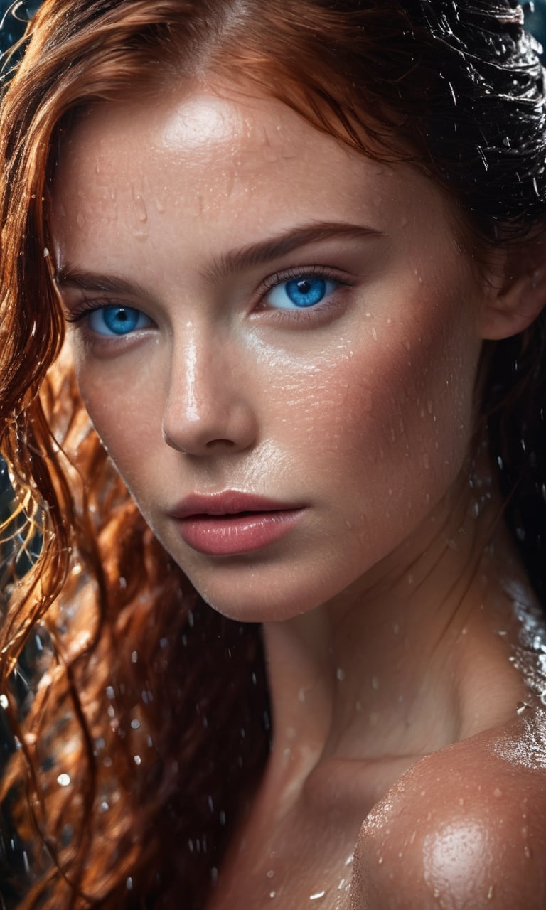 portrait of a unique breathtaking and beautiful woman face close-up, stunning detail, detailed blue eyes, wet auburn hair, detailed skin, smooth hair elegantly draped around her neck, full lips, high cheekbones, in rain, captured in masterful composition, lighting accentuate her natural beauty, gentle shadows and highlights, dark background, wet skin