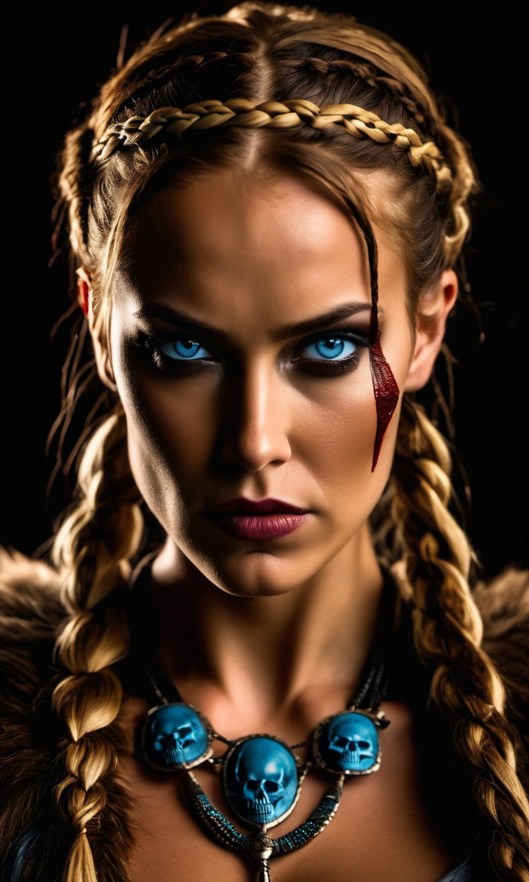 cinematic film still dramatic side lighting, dramatic intense stare closeup portrait, dark black background, hdr, dramatic beautiful warrior woman with warrior face paintings and blood, viking braids, blue eyes, pelt, skull necklace, shallow depth of field, vignette, highly detailed, high budget Hollywood film, cinemascope, moody, epic, gorgeous