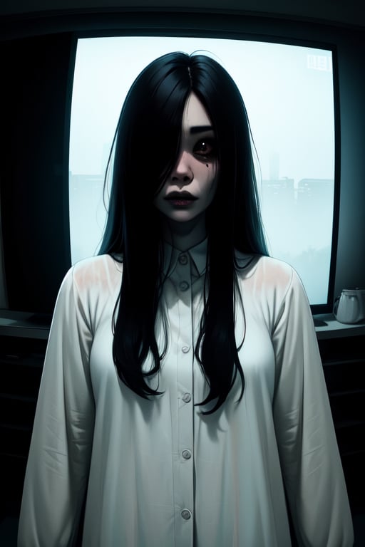 Sadako, long black hair, facing viewer, pale skin, hair over eyes, White dress, long sleeves ,dirty clothes, solo, standing, dark room, large TVs, (insanely detailed, beautiful detailed face, masterpiece, best quality)