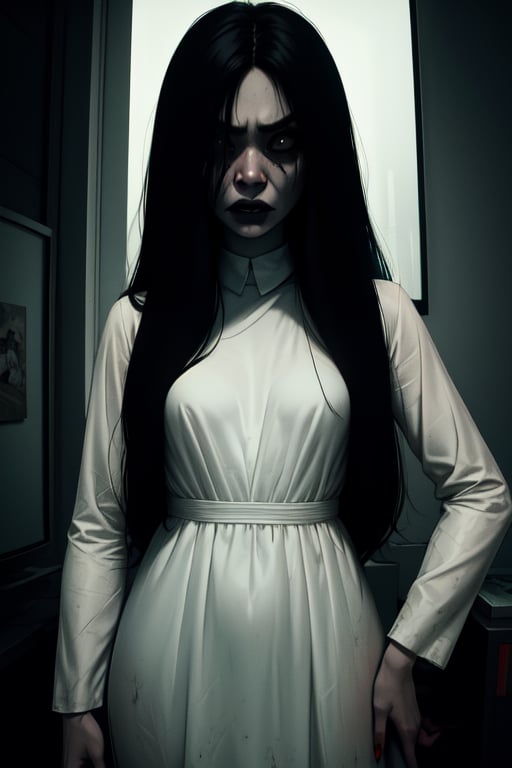 Sadako, long black hair, facing viewer, pale skin, hair over eyes,  angry,  small breasts, 
White dress, long sleeves ,dirty clothes, 
solo, dark room, large TVs, horror \(theme\), 
 (insanely detailed, beautiful detailed face, masterpiece, best quality)
 
