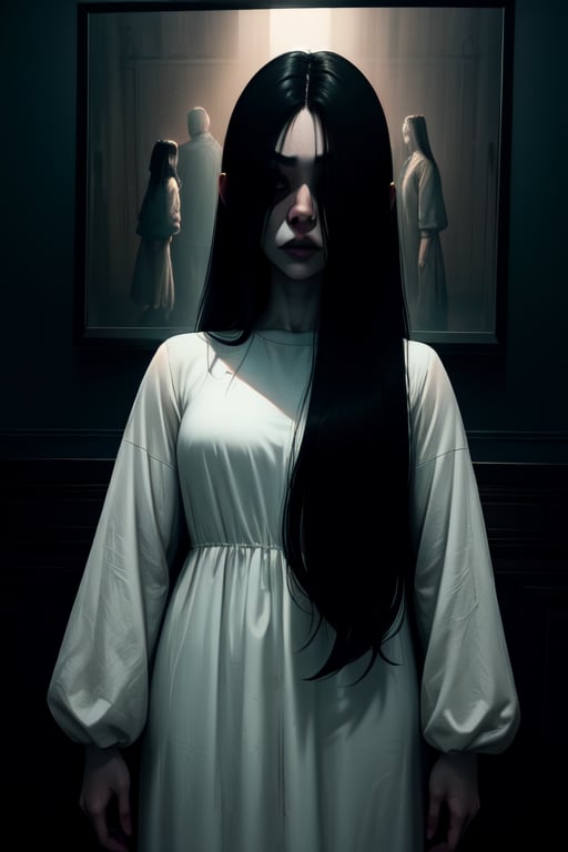 Sadako, long black hair, facing viewer, pale skin, hair over eyes, White dress, long sleeves ,dirty clothes, solo, standing, dark room, large TVs, (insanely detailed, beautiful detailed face, masterpiece, best quality)