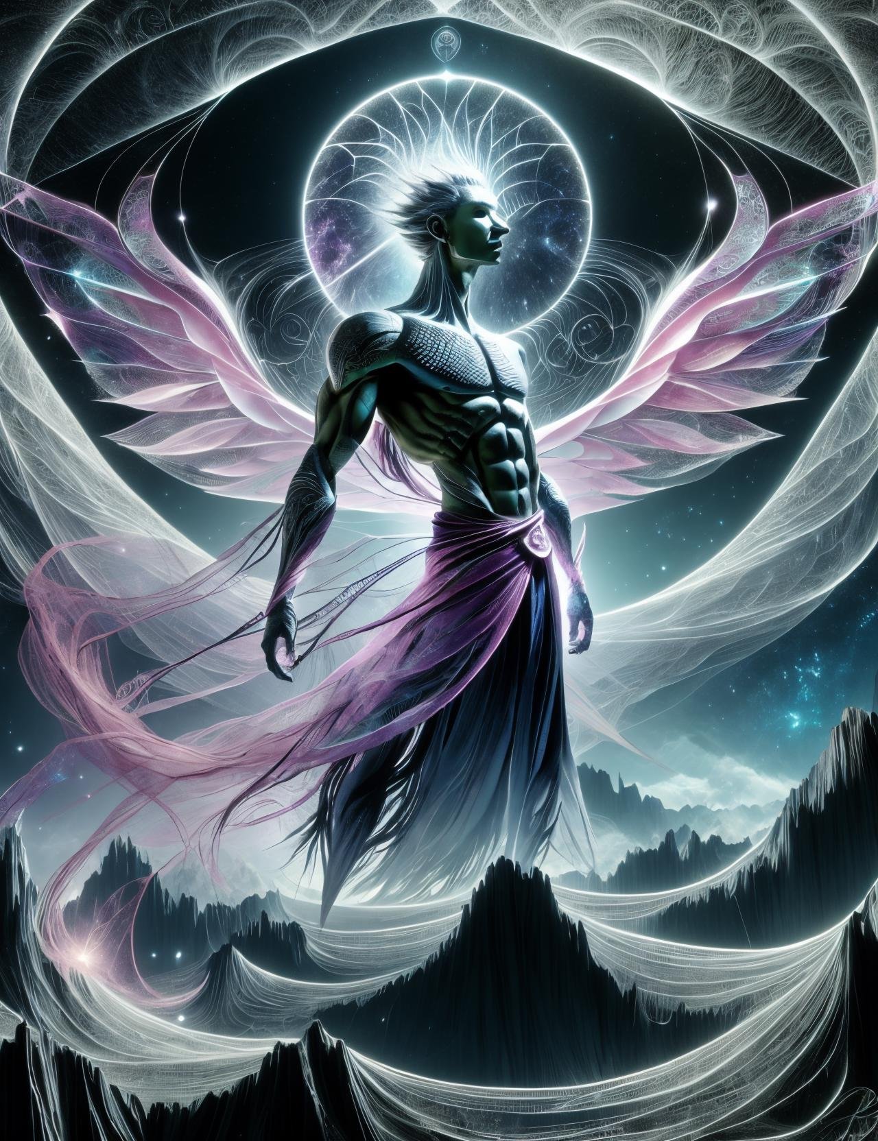 ((best quality)), ((masterpiece)), ((realistic,digital art)), (hyper detailed),DonMC0sm1cW3b heart, astral cosmic webs, male Sylph, humanoid elemental being, delicate and ethereal beings with gossamer wings, guardians of the air, mountain top,weather, Geriatric Muscular, Polynesian, Black eyes, Flared Ears,  Unusual Chin,  High Cheekbones,  Heart face shape with Pointed Chin, Athletic Build,  , Grey Dreadlocks hair, Gratitude,, Weaving spells into fabric, creating enchanted garments and cloaks,  Mystic, (Enchanted,Circulation,Cyan,Coral Pink Channel,Conjure,Glamour ,Self-healing Concrete Wave propagation,Parallel liness,Cylinder,Colloids magic:1.0) Healing Waters , Arms swirling in circular motions, summoning a cyclone of magic, Twilight Spark <lora:DonMC0sm1cW3b-000009:0.9> 