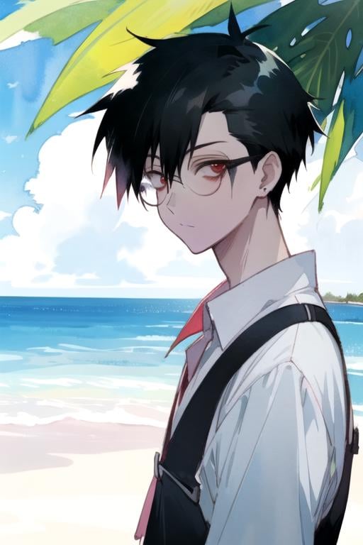 masterpiece, best quality, wallpaper, 1boy, solo, male focus, looking at viewer, , , (watercolor illustration, soft pastel colors:1.1), , <lora:braz_d_blood:0.72>, braz_d_blood, black hair, red eyes, glasses, , , A tropical paradise where the sun shines brightly every day, 12k resolution