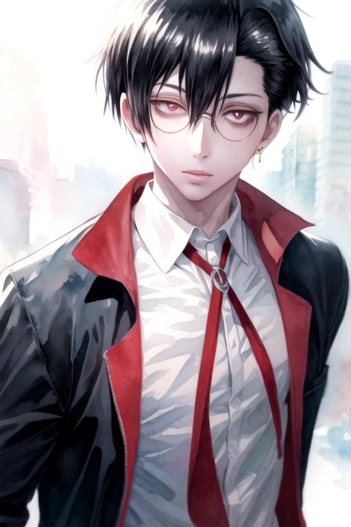 masterpiece, best quality, , 1boy, solo, male focus, looking at viewer, upper body, depth of field, (watercolor illustration, soft pastel colors:1.1), realistic, <lora:braz_d_blood:0.72>, braz_d_blood, black hair, red eyes, glasses, , , atompunk, 16k resolution