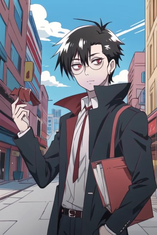 masterpiece, best quality, movie still, 1boy, solo, male focus, looking at viewer, upper body, , anime coloring, , <lora:braz_d_blood:0.76>, braz_d_blood, black hair, red eyes, glasses, bags under eyes, , The City of Mirrors,