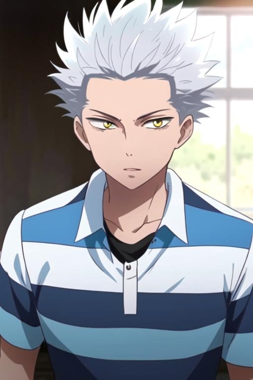 masterpiece, best quality, , 1boy, solo, male focus, looking at viewer, , depth of field, , realistic, <lora:wolf_blood_lad:0.68>, wolf_blood_lad, white hair, yellow eyes, spiked hair