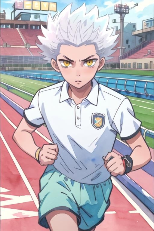 masterpiece, best quality, movie still, 1boy, solo, male focus, looking at viewer, , depth of field, (watercolor illustration, soft pastel colors:1.1), realistic, <lora:wolf_blood_lad:0.72>, wolf_blood_lad, white hair, yellow eyes, spiked hair, camel costume, running track, 4k resolution