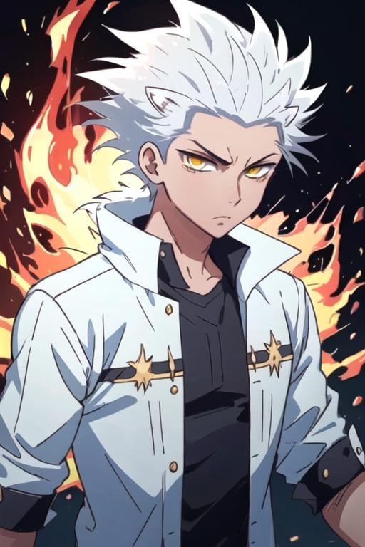 masterpiece, best quality, wallpaper, 1boy, solo, male focus, looking at viewer, upper body, depth of field, , , <lora:wolf_blood_lad:0.68>, wolf_blood_lad, white hair, yellow eyes, spiked hair, lion costume, fire,