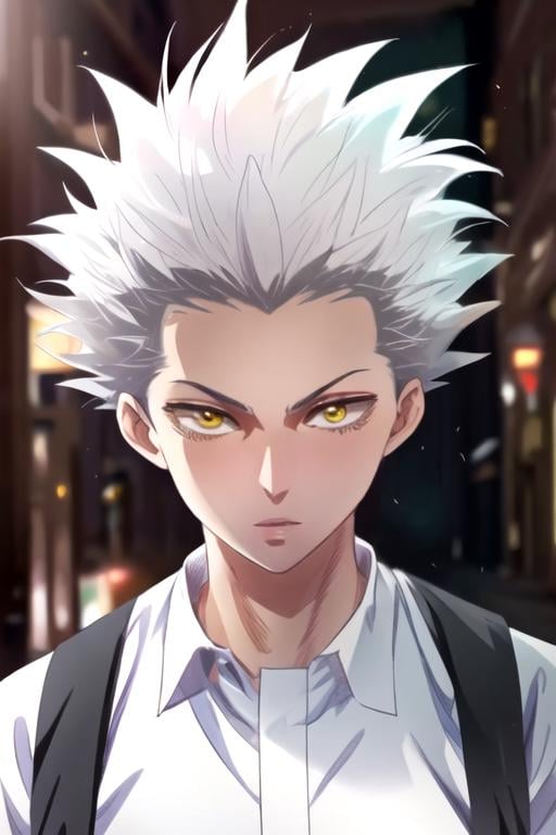 masterpiece, best quality, photorealistic, 1boy, solo, male focus, looking at viewer, , depth of field, anime coloring, realistic, <lora:wolf_blood_lad:0.78>, wolf_blood_lad, white hair, yellow eyes, spiked hair, , , science fiction xenopunk, HDR