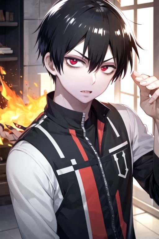 masterpiece, best quality, game cg, 1boy, solo, male focus, looking at viewer, upper body, depth of field, ligne claire, , <lora:staz_charlie_blood:0.78>, staz_charlie_blood, black hair, red eyes, , , fire, High resolution