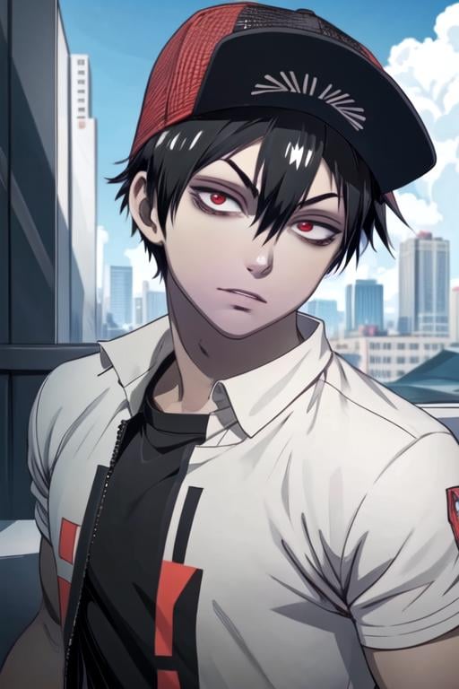 masterpiece, best quality, photorealistic, 1boy, solo, male focus, looking at viewer, upper body, depth of field, anime coloring, , <lora:staz_charlie_blood:0.80>, staz_charlie_blood, black hair, red eyes, , , trucker hat, skyscraper,