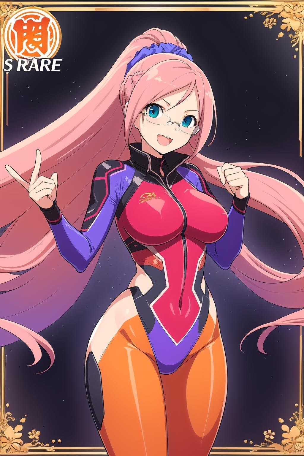 (masterpiece, best quality), highly detailed background, perfect lightingbest quality, ranmaruSK, ninja, solo, pink hair, high ponytail, hair flower, hair hair ornament, floating hair, purple scrunchie, bangs, very long hair, glasses, blue eyes, aqua eyes, large breasts, red bodysuit, navel,  smile, open mouth, <lora:Ranmaru_Senran-Kagura:0.7>