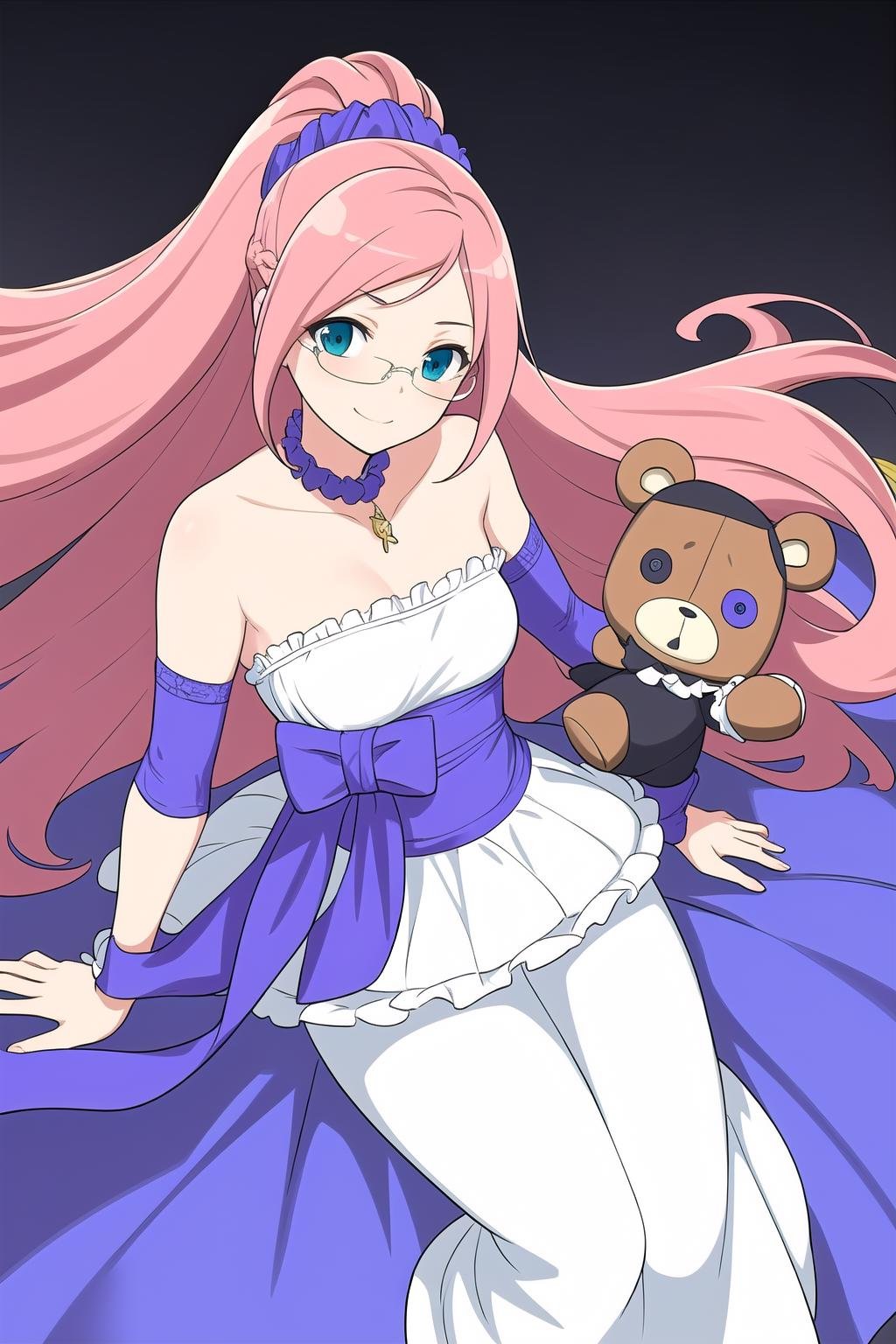 (masterpiece, best quality), highly detailed background, perfect lightingbest quality, ranmaruSK, 1woman, stuffed toy, teddy bear, stuffed animal, solo, pink hair, high ponytail, floating hair, purple scrunchie, bangs, very long hair, glasses, blue eyes, aqua eyes, jewelry, choker, white dress, fingerless gloves, red armband, purple ribbon, gloves, smile, <lora:Ranmaru_Senran-Kagura:0.7>