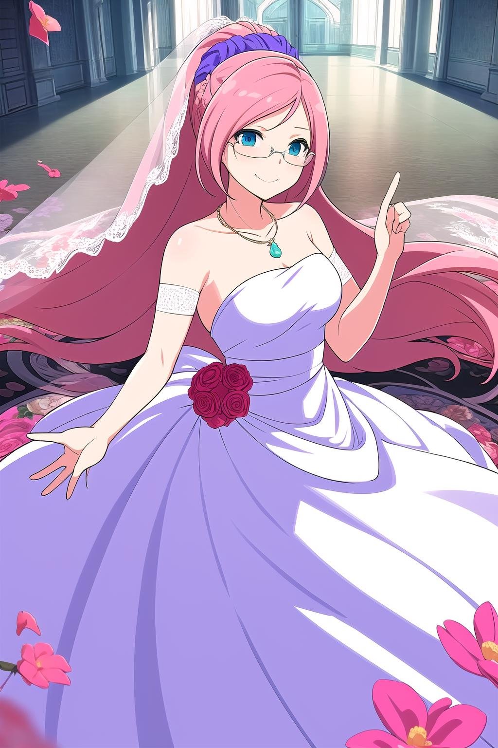 (masterpiece, best quality), highly detailed background, perfect lightingbest quality, ranmaruSK, ninja, solo, pink hair, bridal veil, veil, high ponytail, floating hair, purple scrunchie, bangs, very long hair, glasses, blue eyes, aqua eyes, flower necklace, large breasts, white white dress, wedding dress, smile, closed mouth, <lora:Ranmaru_Senran-Kagura:0.7>