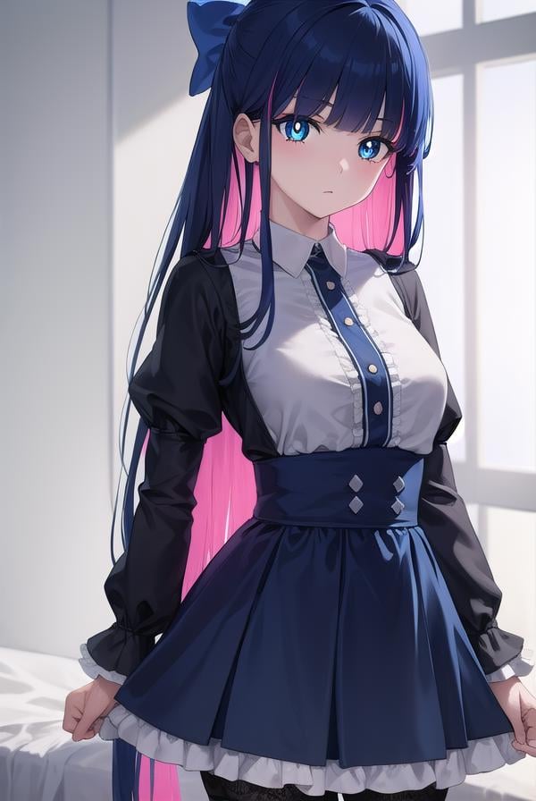 psgstocking, <lora:psg stocking-lora-nochekaiser:1>,psg stocking, blue eyes, blue hair, colored inner hair, hair bow, long hair, multicolored hair, pink hair, two-tone hair, bangs, blunt bangs, (bright pupils:1.5),brooch, striped, striped thighhighs, thighhighs, dress, black dress, puffy sleeves, long sleeves, skirt, shirt, collared shirt, white shirt,BREAK indoors, bed,BREAK looking at viewer, (cowboy shot:1.5),BREAK <lyco:GoodHands-beta2:1>, (masterpiece:1.2), best quality, high resolution, unity 8k wallpaper, (illustration:0.8), (beautiful detailed eyes:1.6), extremely detailed face, perfect lighting, extremely detailed CG, (perfect hands, perfect anatomy),