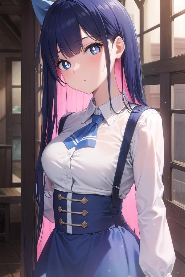 psgstocking, <lora:psg stocking-lora-nochekaiser:1>,psg stocking, blue eyes, blue hair, colored inner hair, hair bow, long hair, multicolored hair, pink hair, two-tone hair, bangs, blunt bangs, (bright pupils:1.5),brooch, striped, striped thighhighs, thighhighs, dress, black dress, puffy sleeves, long sleeves, skirt, shirt, collared shirt, white shirt,BREAK indoors, bed,BREAK looking at viewer, (cowboy shot:1.5),BREAK <lyco:GoodHands-beta2:1>, (masterpiece:1.2), best quality, high resolution, unity 8k wallpaper, (illustration:0.8), (beautiful detailed eyes:1.6), extremely detailed face, perfect lighting, extremely detailed CG, (perfect hands, perfect anatomy),