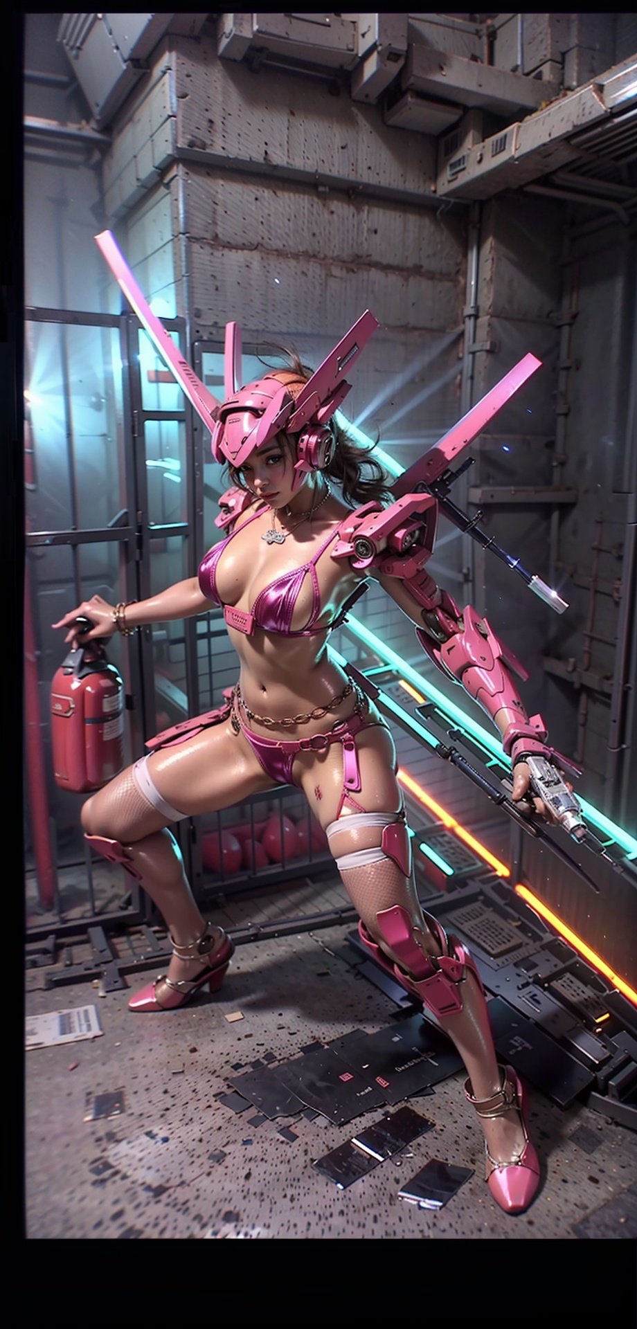 ((Birds view.)) Masterpiece, best quality, Ultra-high resolution, Realistic, sense of reality, The ultimate detail, 8K wallpaper, Professional lighting, Cyberpunk lights. Flame around armor.The perfect hand, Realistic hands, 1girl, solo, standing, full body, (long black hair:1.1), jixieji, Wearing a mecha, mechanical joint, dynamic posture, Universe, Earth, machinery, Heela collections, Mecha girl sexaroid, Chain link fence, ((dynamic pose)), blue_jijiaS, fbot, mecha, Pink Mecha, Mecha girl figure, Honey Mecha, Mecha warrior, Mecha, CYBER PUNK, Gundam, rx78, girl, detail, GTS, Real, 1GIRL, science fiction, Mechagirl, Girl. Giantess standing on the city. She is 200 meters higher than the building., bird 's-eye view, fantastic atmosphere, river. Hold a plane in the hands. Small trucks and human beings around the Giantess., river, fantastic sense of light. Holding a larger laser gun, fight with monsters.,  greendesign,  Hourglass body shape, orange, Sagittariusarmor, mechaarmor,  jellyfish, Dancing, bikini, <lora:EMS-459-EMS:0.600000>, , <lora:EMS-604-EMS:0.400000>, , <lora:EMS-7421-EMS:0.300000>, , <lora:EMS-14488-EMS:0.800000>, , <lora:EMS-82536-EMS:0.800000>