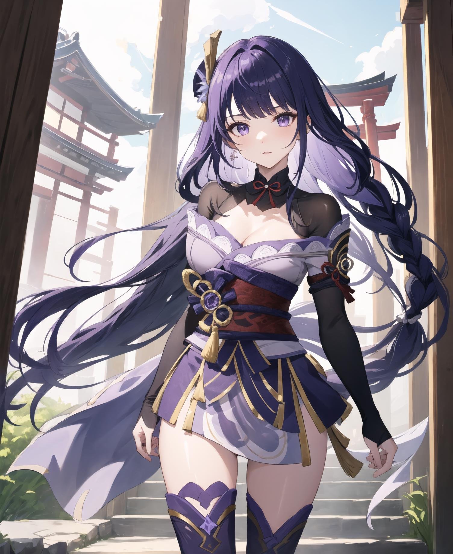 <lora:RaidenShogun:.8>, raidenshogun, genshin impact, 1girl, solo, ponytail, purple dress, head shot, head tilt, corset, knee boots, purple hair,  japanese temple,