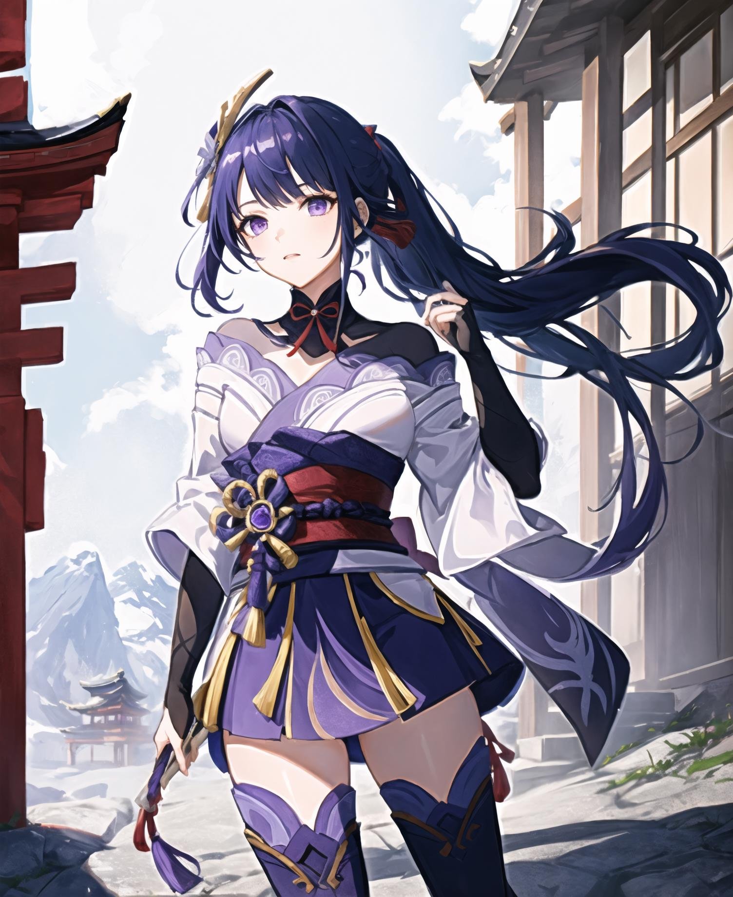 <lora:RaidenShogun:.8>, raidenshogun, genshin impact, 1girl, solo, ponytail, purple dress, head shot, head tilt, corset, knee boots, purple hair,  japanese temple,  