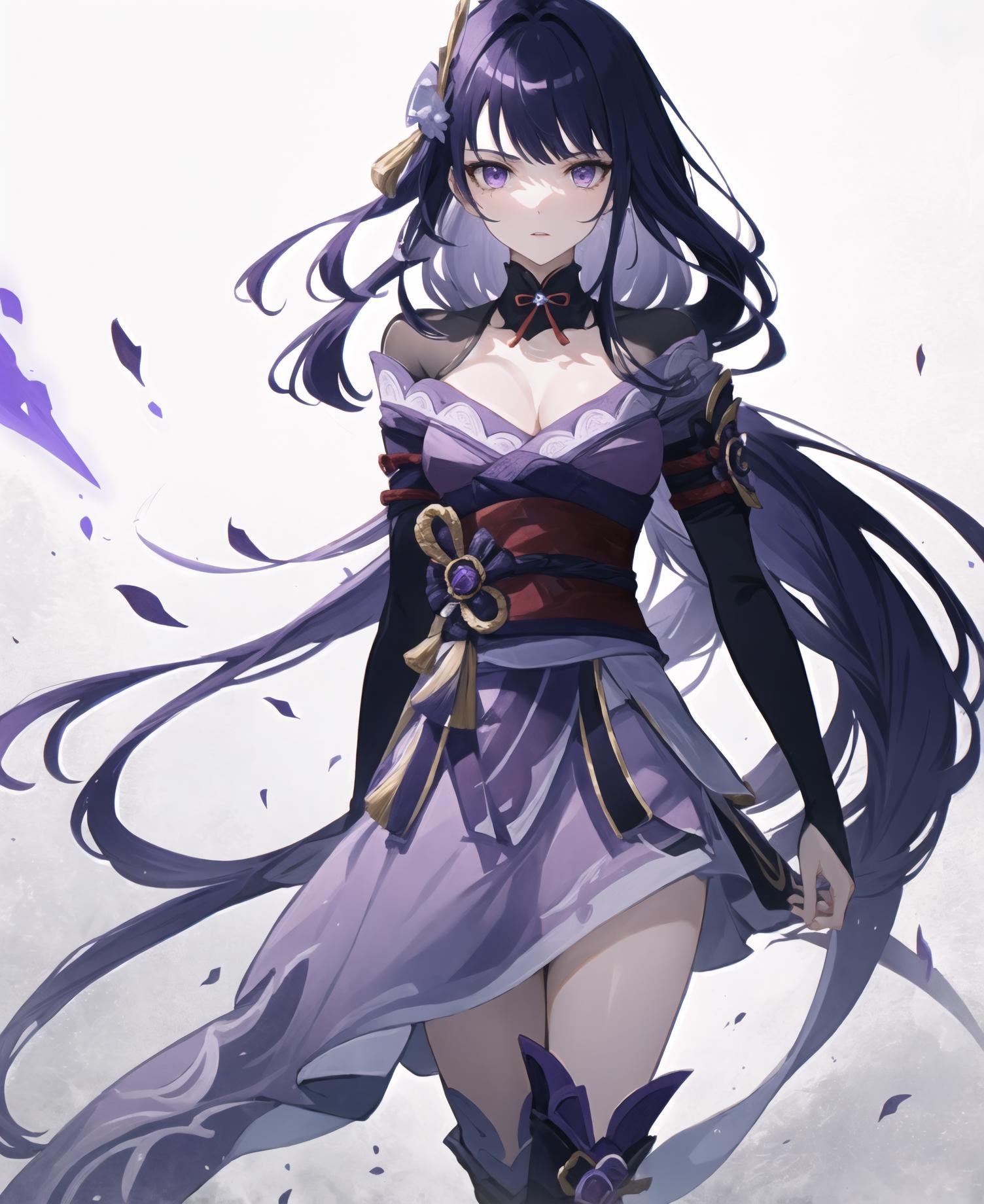 <lora:RaidenShogun:1>, raidenshogun, genshin impact, 1girl, solo, ponytail, purple dress, cowboy shot, corset, knee boots, purple hair, 