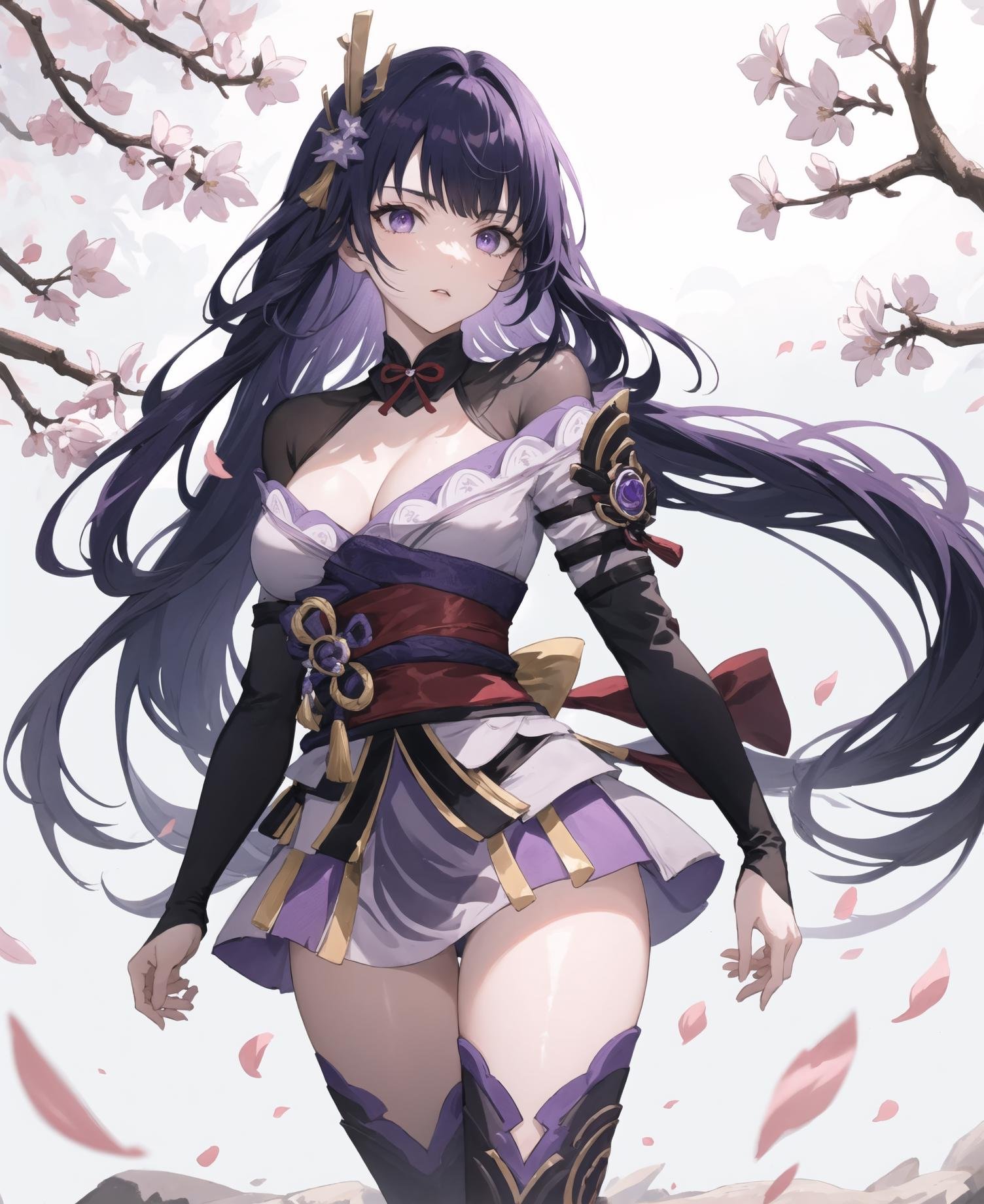 <lora:RaidenShogun:1>, raidenshogun, genshin impact, 1girl, solo, cherry blossoms, ponytail, purple dress, cowboy shot, corset, knee boots, purple hair,