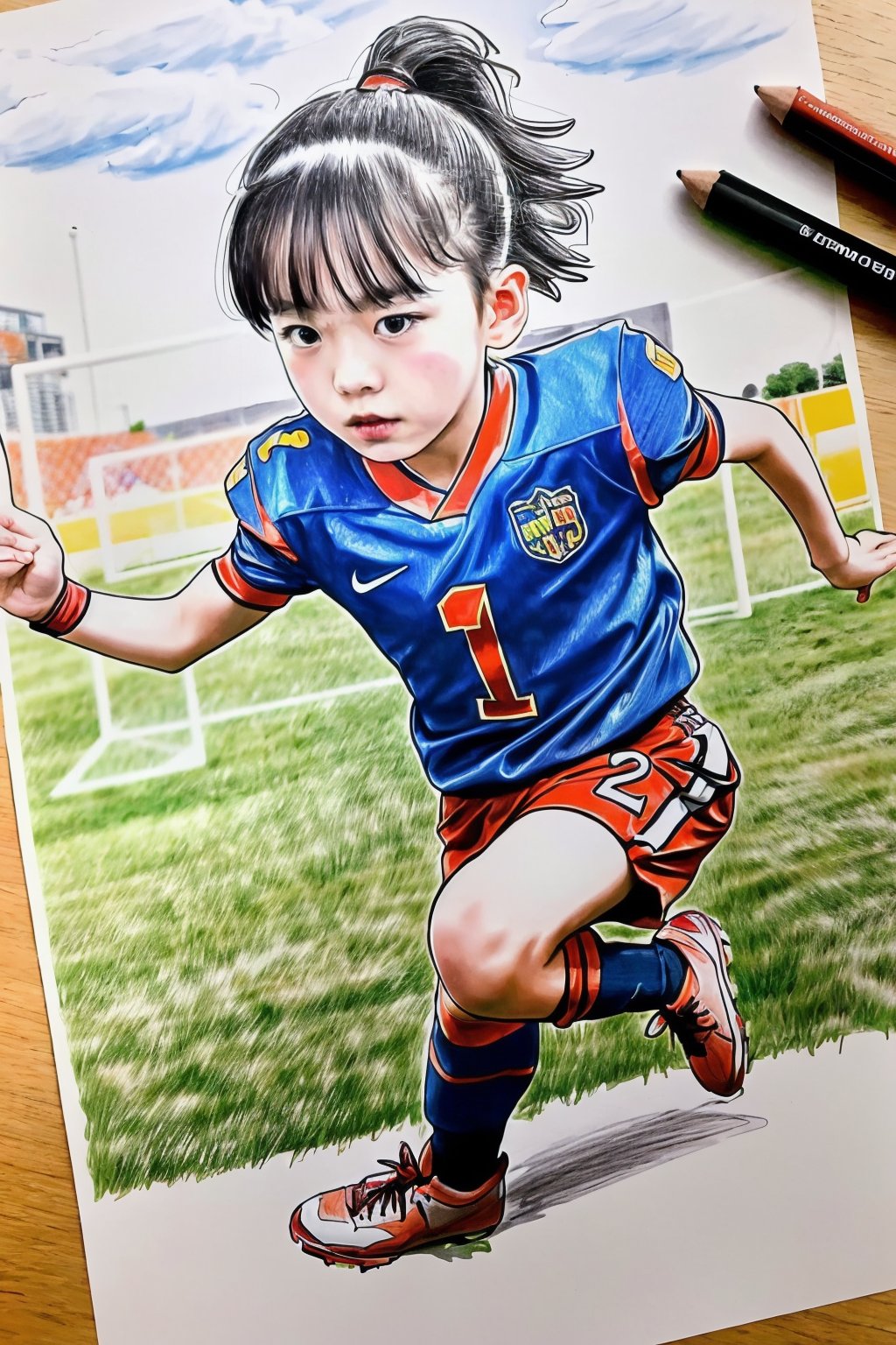 (masterpiece, best quality, ultra-detailed, 8K, ), high detail, 
child_draw, 1girl, football