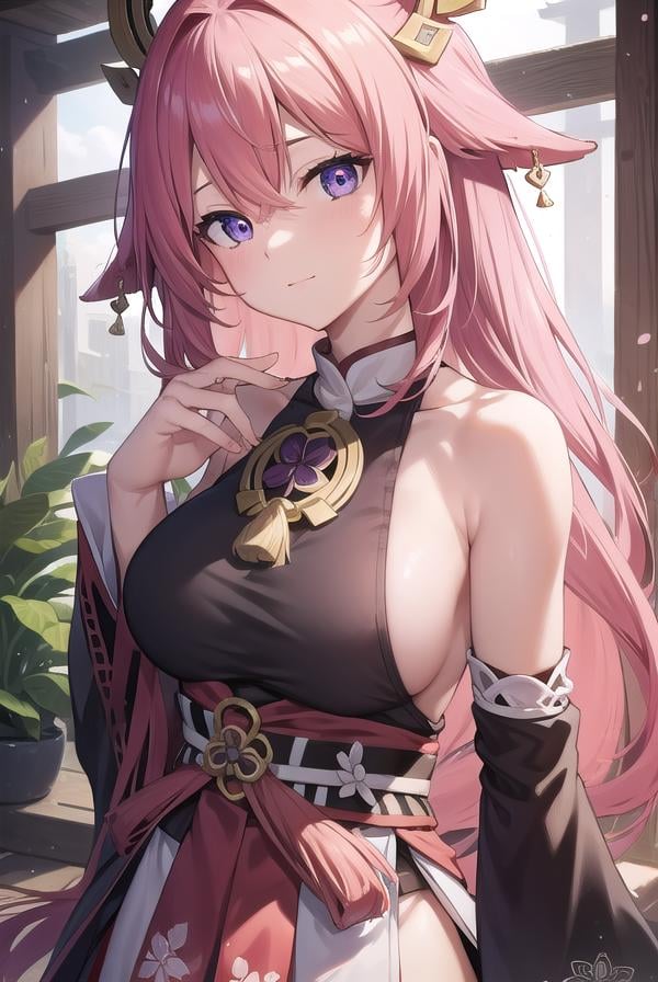 yaemiko, <lyco:yaemiko-lyco-nochekaiser:1>,yae miko, floppy ears, hair between eyes, long hair, pink hair, (purple eyes:1.1), pink hair,BREAK bare shoulders, detached sleeves, earrings, hair ornament, high heels, japanese clothes, long sleeves, sideboob, thigh strap, thighs, wide sleeves,BREAK looking at viewer,BREAK outdoors, shrineBREAK <lora:GoodHands-vanilla:1>, (masterpiece:1.2), best quality, high resolution, unity 8k wallpaper, (illustration:0.8), (beautiful detailed eyes:1.6), extremely detailed face, perfect lighting, extremely detailed CG, (perfect hands, perfect anatomy),