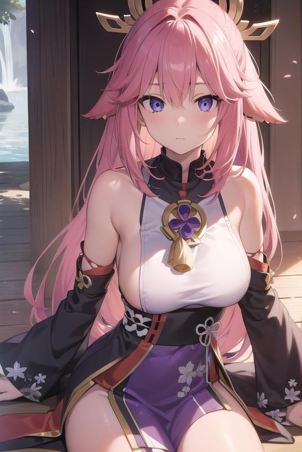 yaemiko, <lyco:yaemiko-lyco-nochekaiser:1>,yae miko, floppy ears, hair between eyes, long hair, pink hair, (purple eyes:1.1), pink hair,BREAK bare shoulders, detached sleeves, earrings, hair ornament, high heels, japanese clothes, long sleeves, sideboob, thigh strap, thighs, wide sleeves,BREAK looking at viewer,BREAK outdoors, shrineBREAK <lora:GoodHands-vanilla:1>, (masterpiece:1.2), best quality, high resolution, unity 8k wallpaper, (illustration:0.8), (beautiful detailed eyes:1.6), extremely detailed face, perfect lighting, extremely detailed CG, (perfect hands, perfect anatomy),