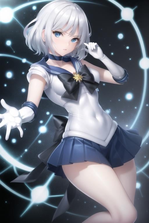 masterpiece, best quality, CG, wallpaper, HDR, high quality, high-definition, extremely detailed, sailor outfit, white hair, short hair, blue eyes, looking at viewer, dynamic pose, 